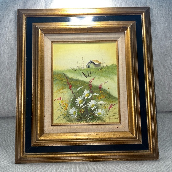 Vintage 1970sOil Painting Cabin In Meadow Farmhouse Wild Flowers Signed